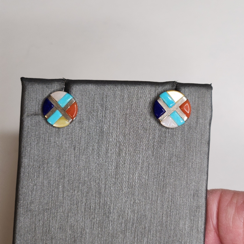 vtg small button zuni Nat american 925 mosaic pierced earrings coral tourqoise